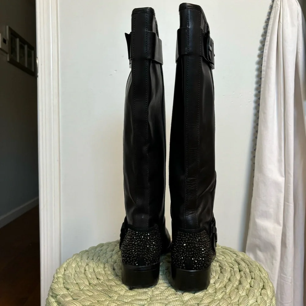 B Brian Atwood Dita Crystal Heel Black Leather Tall Moto Flat Boots